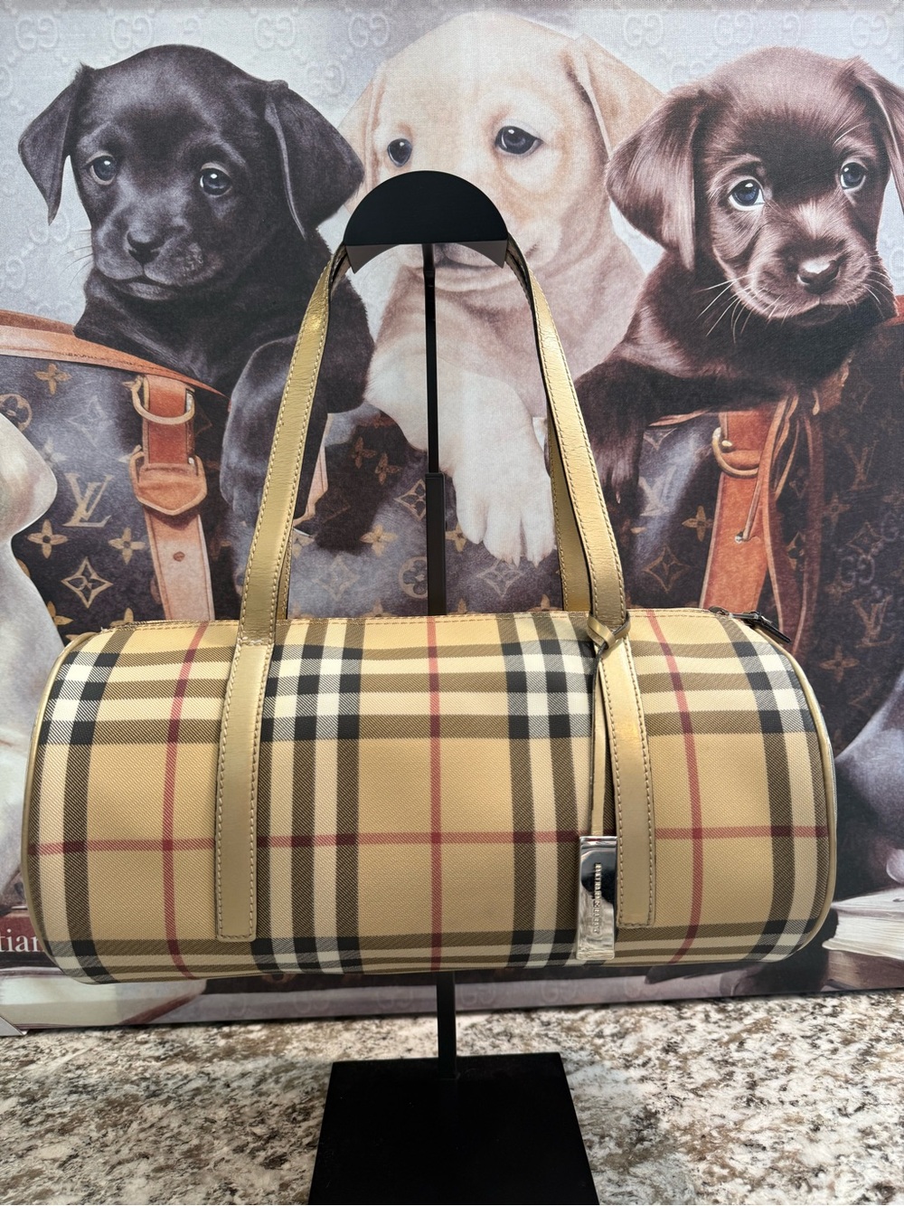 Burberry Beige Vintage Check Barrel Bag with Gold Straps